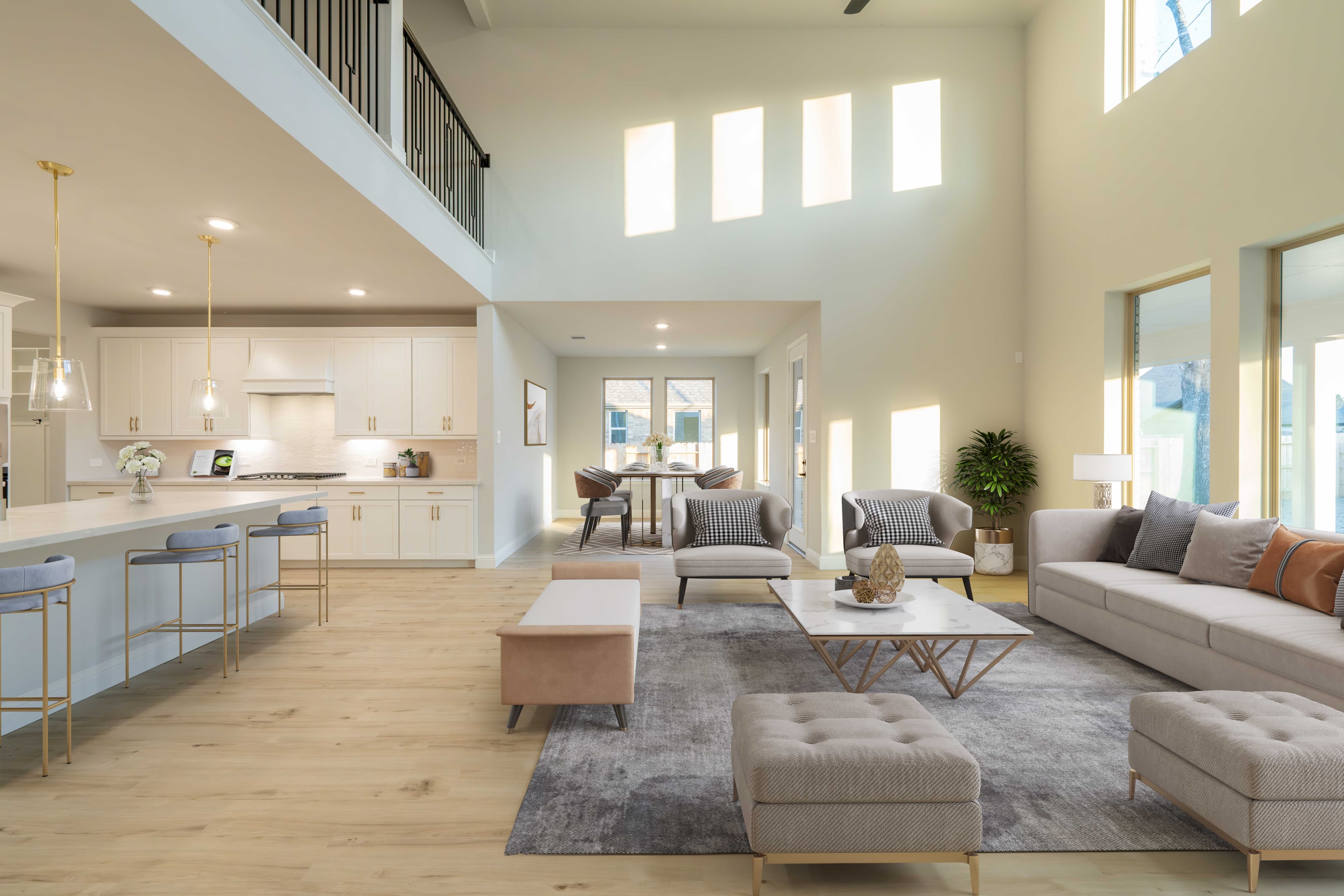 family room with high ceilings and large windows