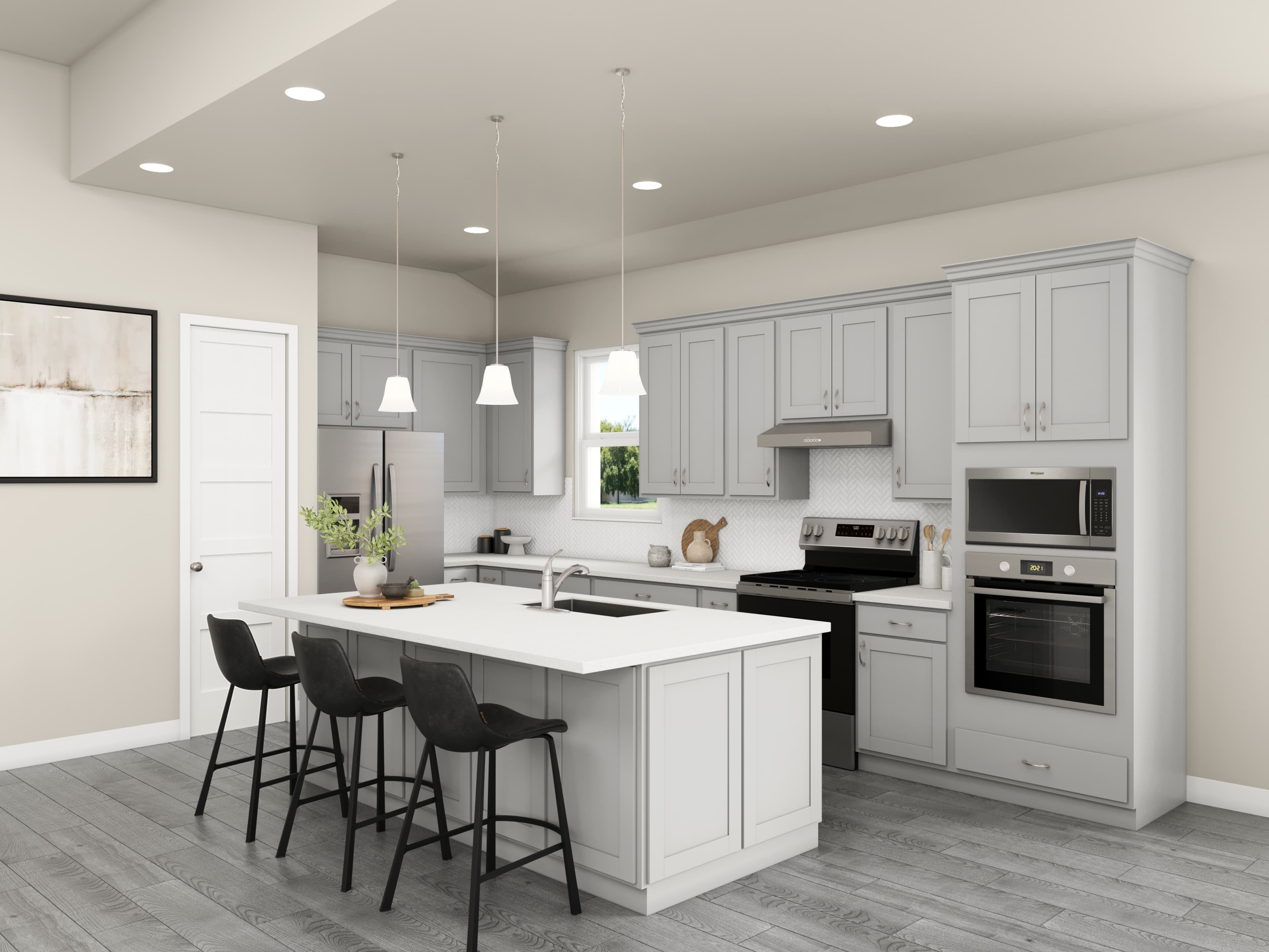 kitchen with gray cabinets