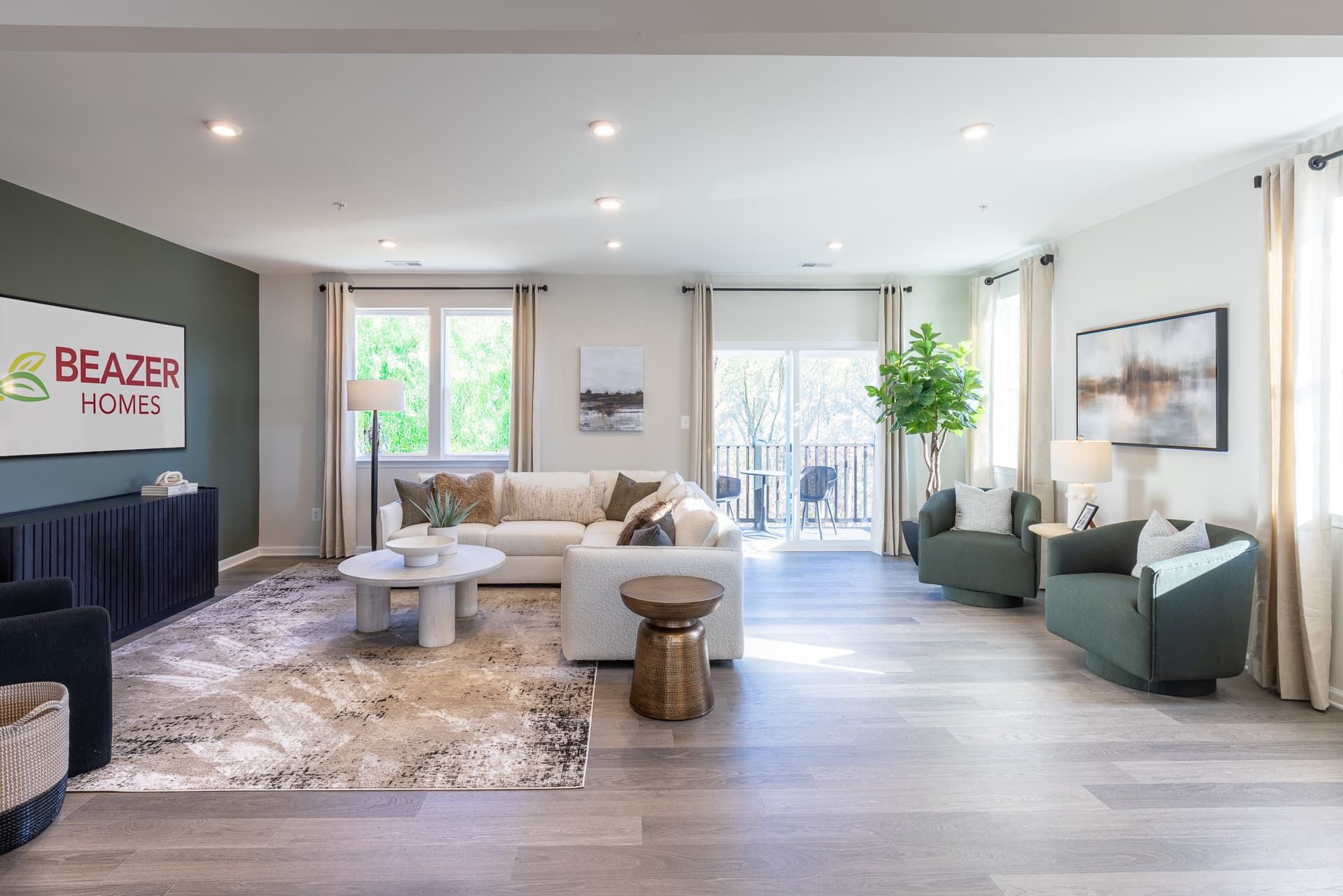great room with a blue accent wall