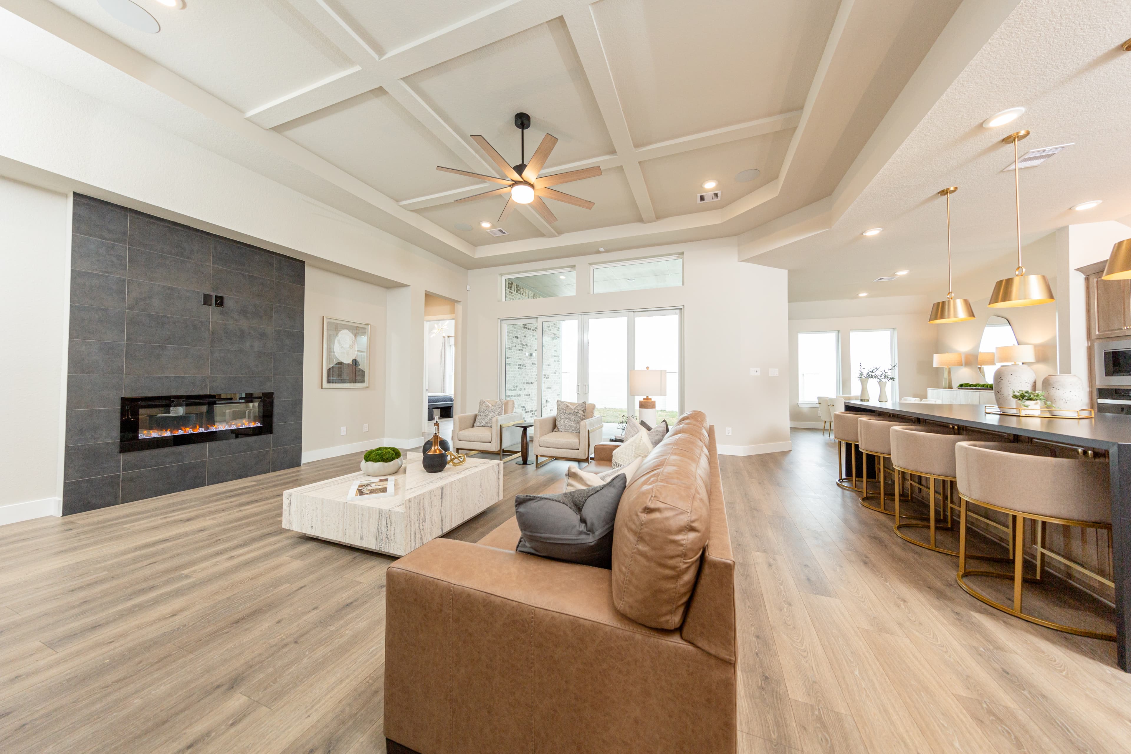 family room with black fireplace